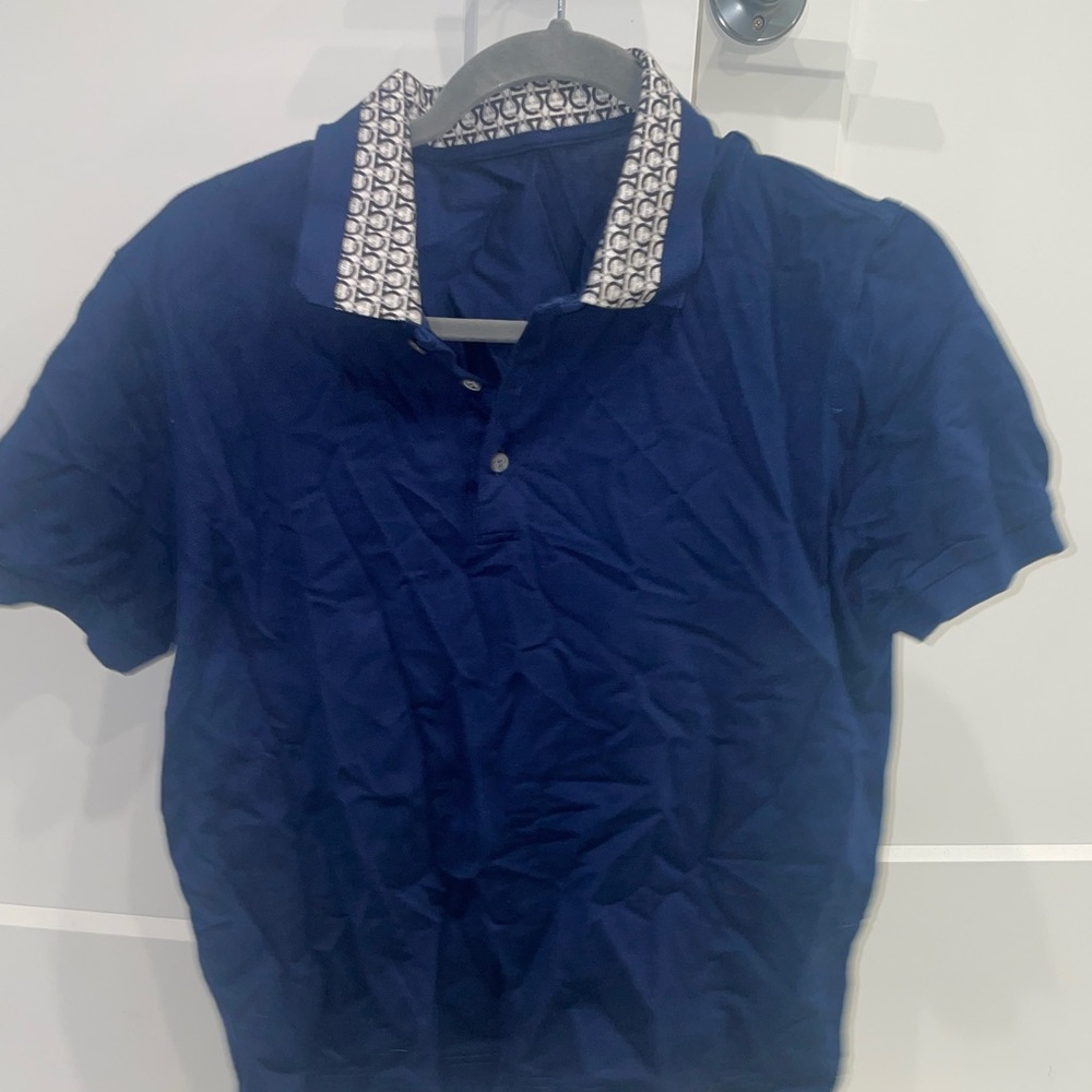 Salvatore Ferragamo Navy Polo with Patterned Collar